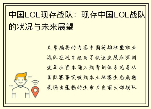 中国LOL现存战队：现存中国LOL战队的状况与未来展望