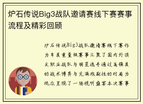 炉石传说Big3战队邀请赛线下赛赛事流程及精彩回顾