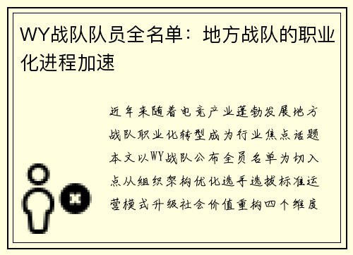WY战队队员全名单：地方战队的职业化进程加速